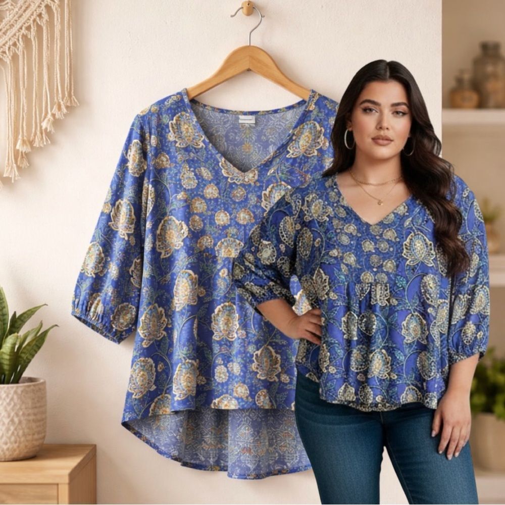 🛍️ Women’s blue yellow floral 3/4” sleeve pullover high low blouse plus size 2X